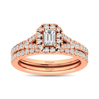 Diamond  Split Shank Single Halo Bridal Ring 1 Ct.tw Emerald Cut in 14K Rose Gold
