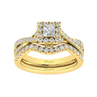 Diamond  Twist Shank Single Halo Bridal Ring 1 Ct.tw Princess Cut in 14K Yellow Gold
